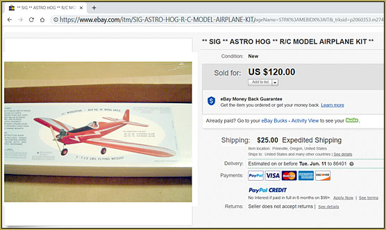 I bought a Sig Astro Hog kit from a dealer in Oregon on eBay. On the Sig website, the model is $124 + unknown shipping... on eBay it was $120 + $25 shipping... Sold!